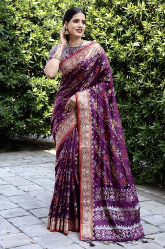 Ethnic And Stylish Purple Ikkat Patola Woven Designer Silk Blend Saree For Party Looks