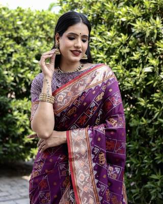 Ethnic And Stylish Purple Ikkat Patola Woven Silk Blend Saree For Party Looks 2