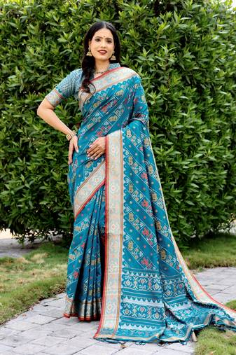 Ethnic And Stylish Blue Ikkat Patola Woven Designer Silk Blend Saree For Party Looks