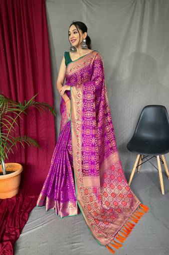 Weaving Jacquard Jari Designer Purple Patola Silk Blend Saree For Wedding Party Looks