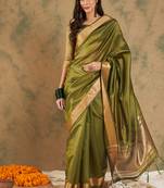 Green Ethnic Cotton Organza c Woven Designer Graceful Saree