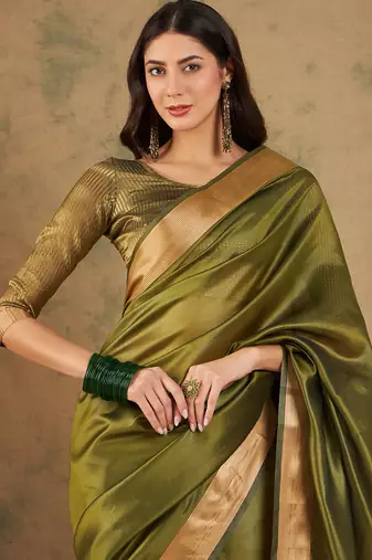 Green Ethnic Cotton Organza c Woven Graceful Saree