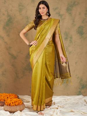 Yellow Ethnic Cotton Organza c Woven Graceful Saree 1