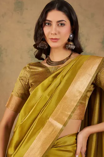 Yellow Ethnic Cotton Organza c Woven Graceful Saree