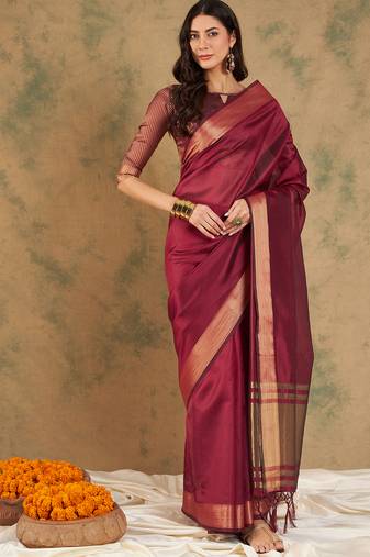 Maroon Ethnic Cotton Organza c Woven Designer Graceful Saree