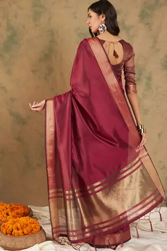 Maroon Ethnic Cotton Organza c Woven Graceful Saree