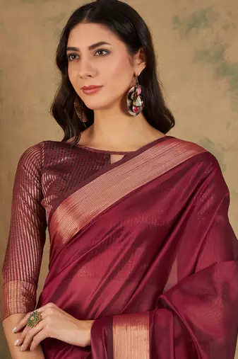 Maroon Ethnic Cotton Organza c Woven Graceful Saree