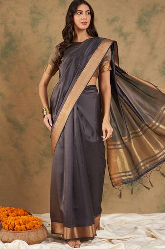 Navy Blue Ethnic Cotton Organza c Woven Designer Graceful Saree