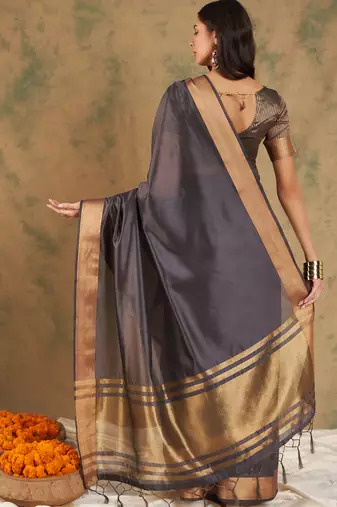Navy Blue Ethnic Cotton Organza c Woven Graceful Saree