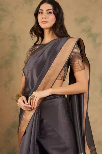 Navy Blue Ethnic Cotton Organza c Woven Graceful Saree
