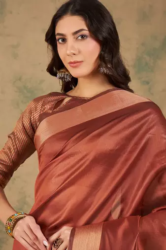 Rust Ethnic Cotton Organza c Woven Graceful Saree