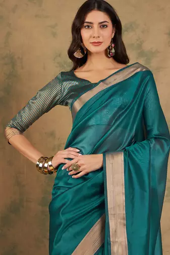 Teal Ethnic Cotton Organza c Woven Graceful Saree