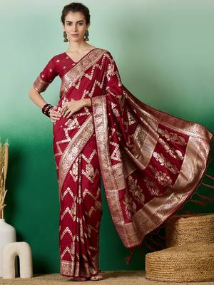 Maroon Ethnic Woven Staple Dola Cotton c Festive Season Saree 1