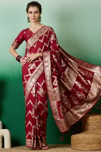 Maroon Ethnic Woven Designer Staple Dola Cotton c Festive Season Saree