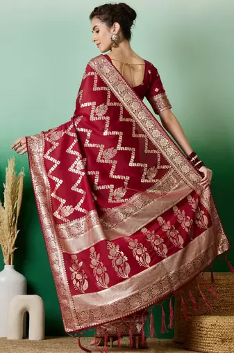 Maroon Ethnic Woven Staple Dola Cotton c Festive Season Saree