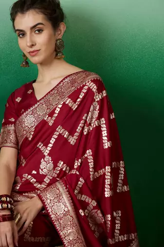 Maroon Ethnic Woven Staple Dola Cotton c Festive Season Saree