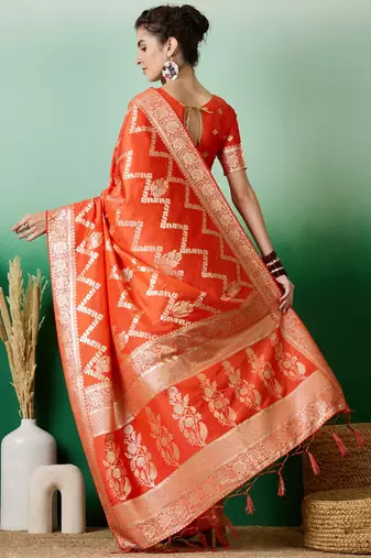 Orange Ethnic Woven Staple Dola Cotton c Festive Season Saree