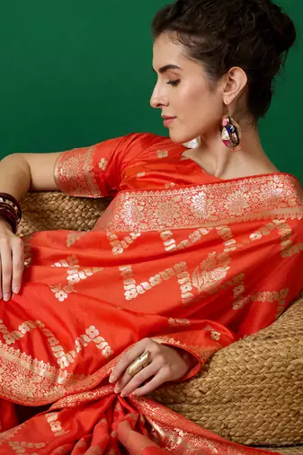 Orange Ethnic Woven Staple Dola Cotton c Festive Season Saree