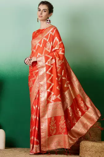 Orange Ethnic Woven Staple Dola Cotton c Festive Season Saree