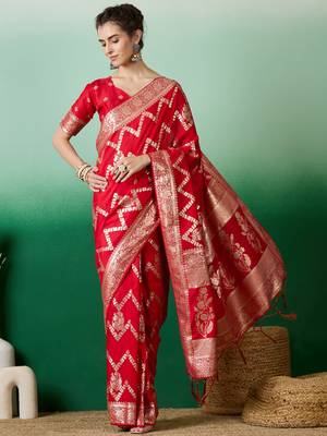 Red Ethnic Woven Staple Dola Cotton c Festive Season Saree 1