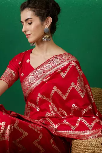Red Ethnic Woven Staple Dola Cotton c Festive Season Saree