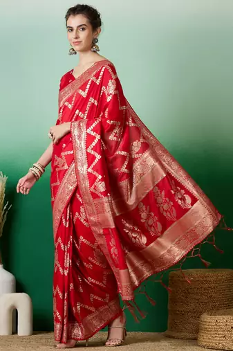 Red Ethnic Woven Staple Dola Cotton c Festive Season Saree
