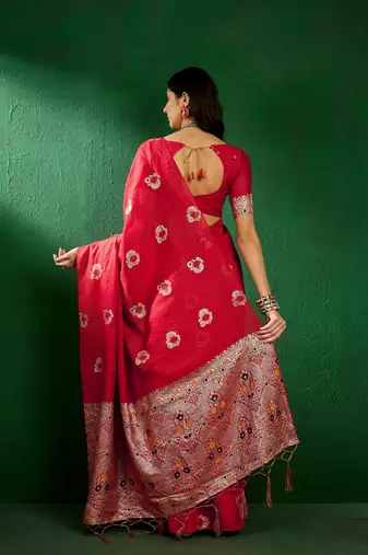 Red Woven Jacquard Work Saree Ceremonial Indian Looks