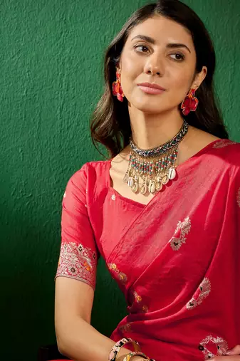 Red Woven Jacquard Work Saree Ceremonial Indian Looks
