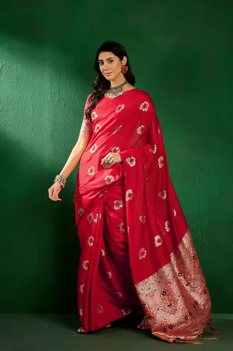Red Woven Jacquard Work Saree Ceremonial Indian Looks