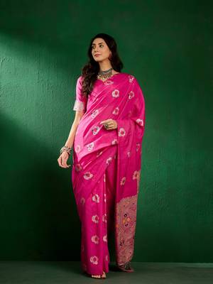 Pink Woven Jacquard Work Saree Ceremonial Indian Looks 1