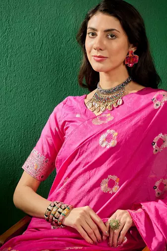 Pink Woven Jacquard Work Saree Ceremonial Indian Looks