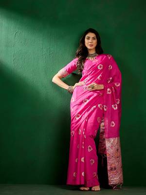 Pink Woven Jacquard Work Saree Ceremonial Indian Looks 5