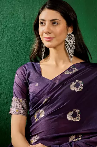 Voilet Woven Jacquard Work Saree Ceremonial Indian Looks