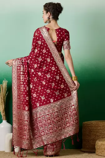 Maroon Woven Jacquard Ethnic Partywear Traditional Saree