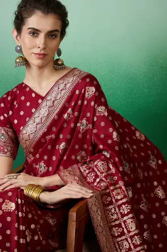 Maroon Woven Jacquard Ethnic Partywear Traditional Saree