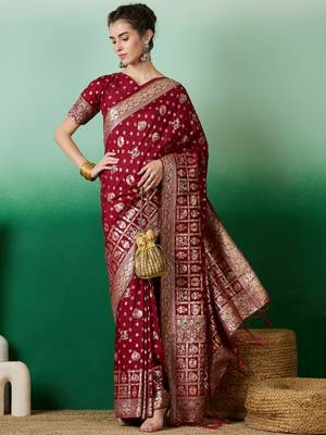 Maroon Woven Jacquard Ethnic Partywear Traditional Saree 5