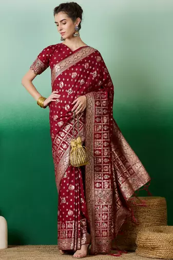 Maroon Woven Jacquard Ethnic Partywear Traditional Saree