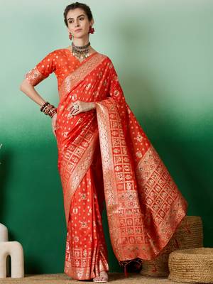 Orange Woven Jacquard Ethnic Partywear Traditional Saree 1