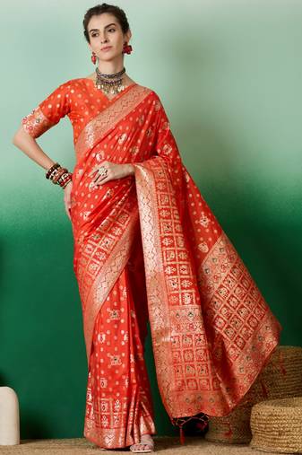Orange Woven Jacquard Designer Ethnic Partywear Traditional Saree