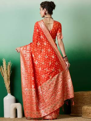 Orange Woven Jacquard Ethnic Partywear Traditional Saree 2
