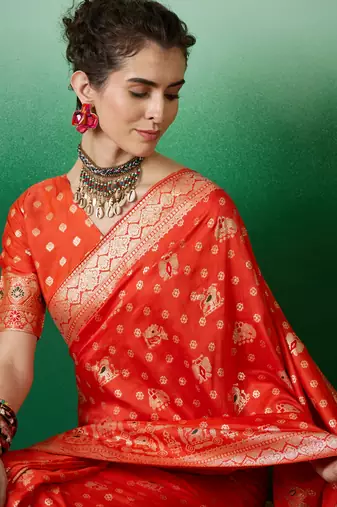 Orange Woven Jacquard Ethnic Partywear Traditional Saree