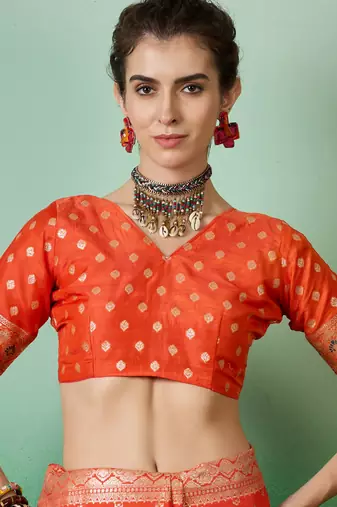 Orange Woven Jacquard Ethnic Partywear Traditional Saree