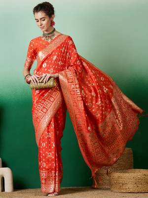 Orange Woven Jacquard Ethnic Partywear Traditional Saree 5