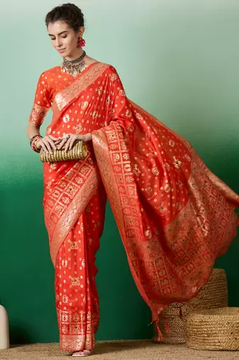 Orange Woven Jacquard Ethnic Partywear Traditional Saree