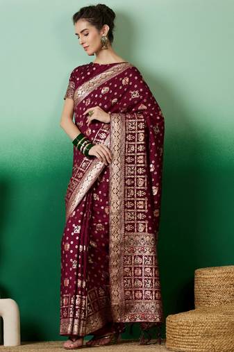 Wine Woven Jacquard Designer Ethnic Partywear Traditional Saree