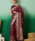 Wine Woven Jacquard Ethnic Partywear Traditional Saree