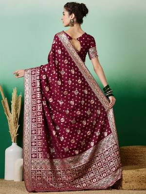 Wine Woven Jacquard Ethnic Partywear Traditional Saree 2