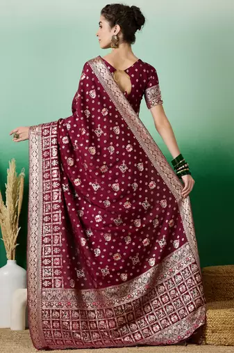 Wine Woven Jacquard Ethnic Partywear Traditional Saree