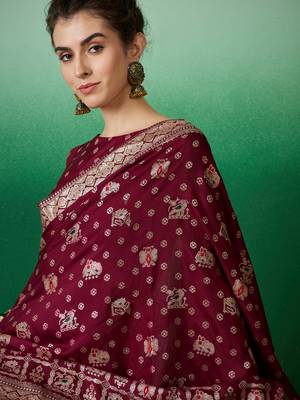 Wine Woven Jacquard Ethnic Partywear Traditional Saree 3