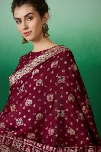 Wine Woven Jacquard Ethnic Partywear Traditional Saree